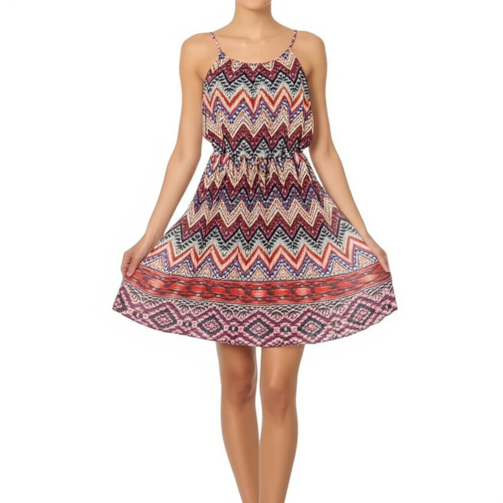 Speechless Dress XS Multicolor Sleeveless Geometric Belted Abstract Fit N Flare